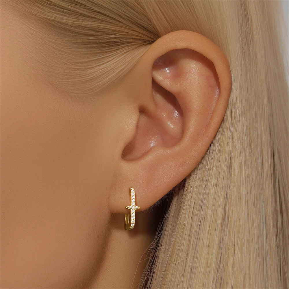 CANNER 925 Silver Four Pointed Star Square Hoop Earrings For Women 18K Gold Plated Vintage Flower Green Zircon Ins Fine Jewelry