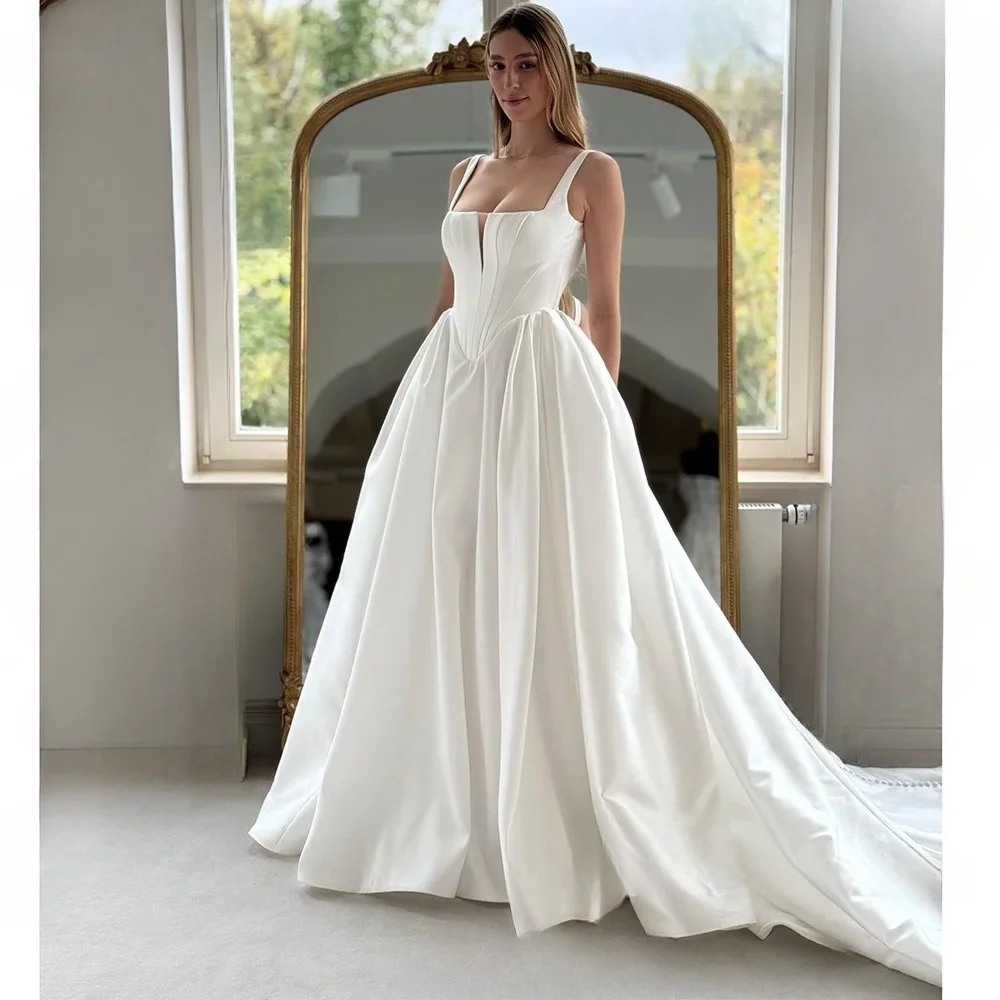 Customized Elegant Matte Satin A Line Wedding Dress Practical Pockets Minimalist Modern Bridal Gown for Bride Vestido De Novia
