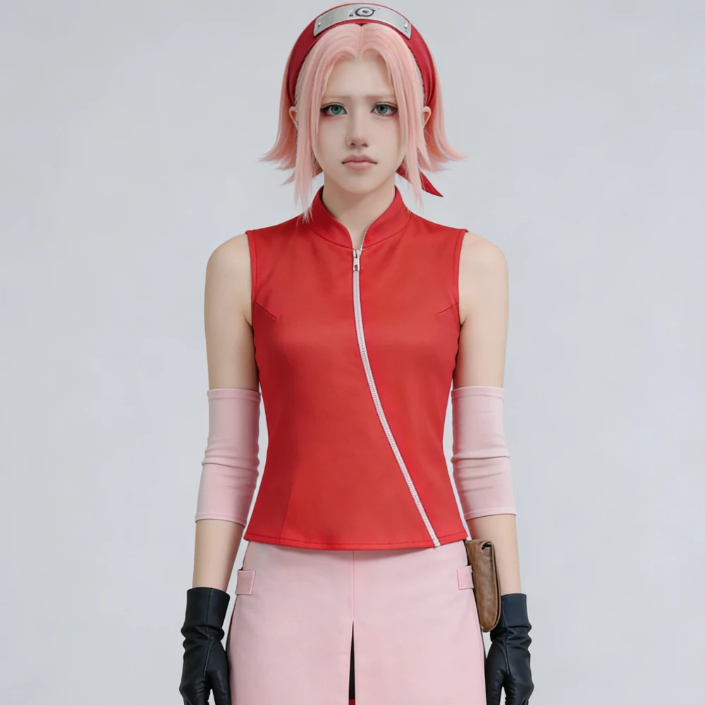 Anime Haruno Sakura Cosplay Costume Top Skirt Shorts Pouch Cos Convention Halloween  Christmas Party Women Girl Fullset