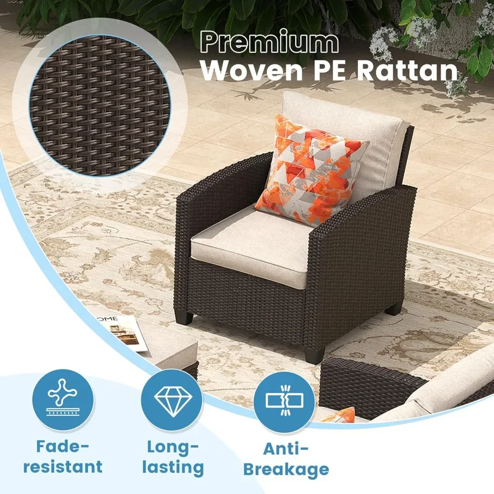 Patio Furniture Set 5 Pieces, Rattan Cushioned Outdoor Conversation Set Wicker 3-Seat Sofa Couch, Ottomans and 2 Sofa Chairs