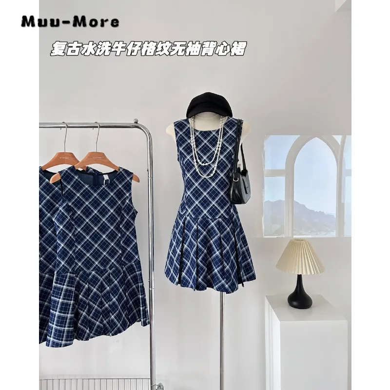 

Women Vintage Elegant Style Sleeveless Round Neck Plaid Printting Dresses 2024 Summer Classic Slim Fit Pleated Camisole Dress