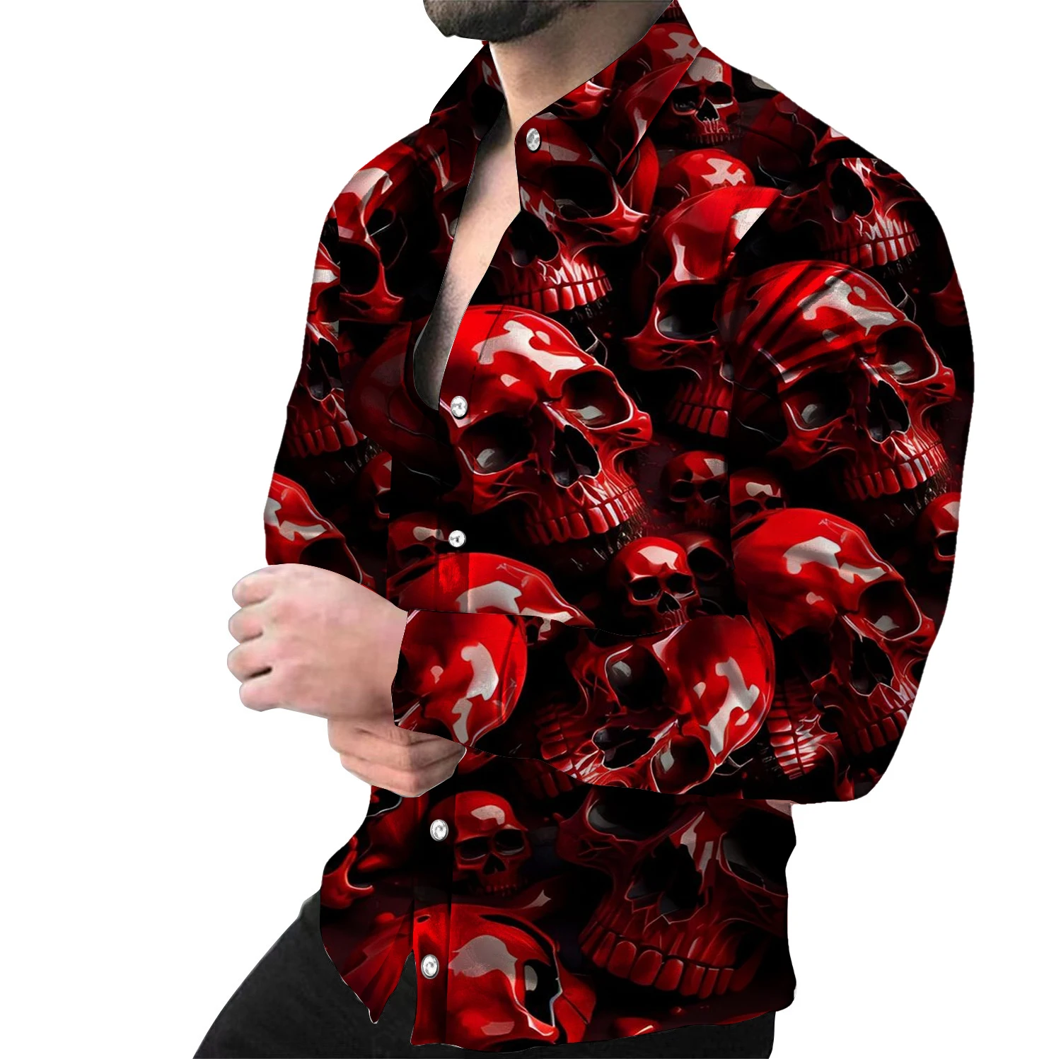 Modisches, langärmliges Button-Up-Hemd für Herren mit Totenkopf-Volldruck für Frühling und Herbst, besonderes Geschenk für Männer