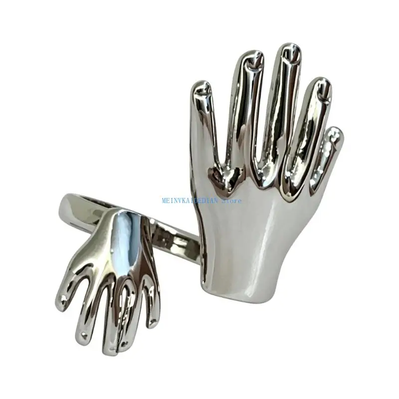 C1FE Metallic Statement Jewelry Ring with Open Adjustable Band and Abstract Hand for Outfit Styling and Social Looks