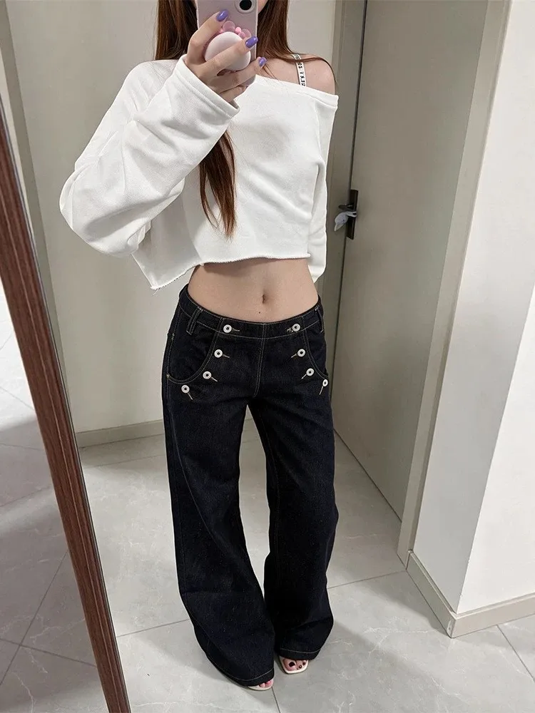 Loose Straight Leg Denim Jeans Women's plus Size American High Street Retro Multi-Button Wide Leg Jeans Autumn New Style