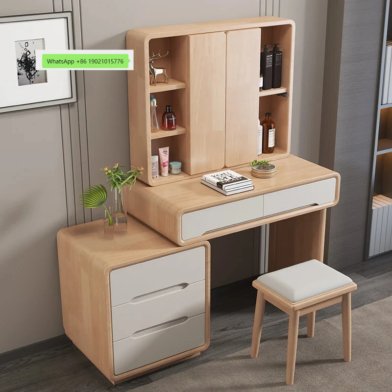 HJ all solid wood dresser mirror foldable hidden makeup table bedroom simple modern storage cabinet integrated