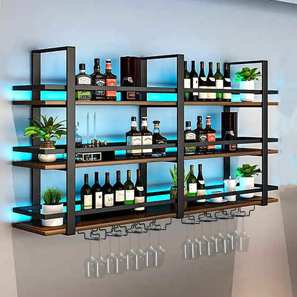 

Illuminated Wall-Mounted Wine Rack, 55.1 3-Tier Metal Shelving for Bottles and Glassware, Perfect for Home or Bar Settings