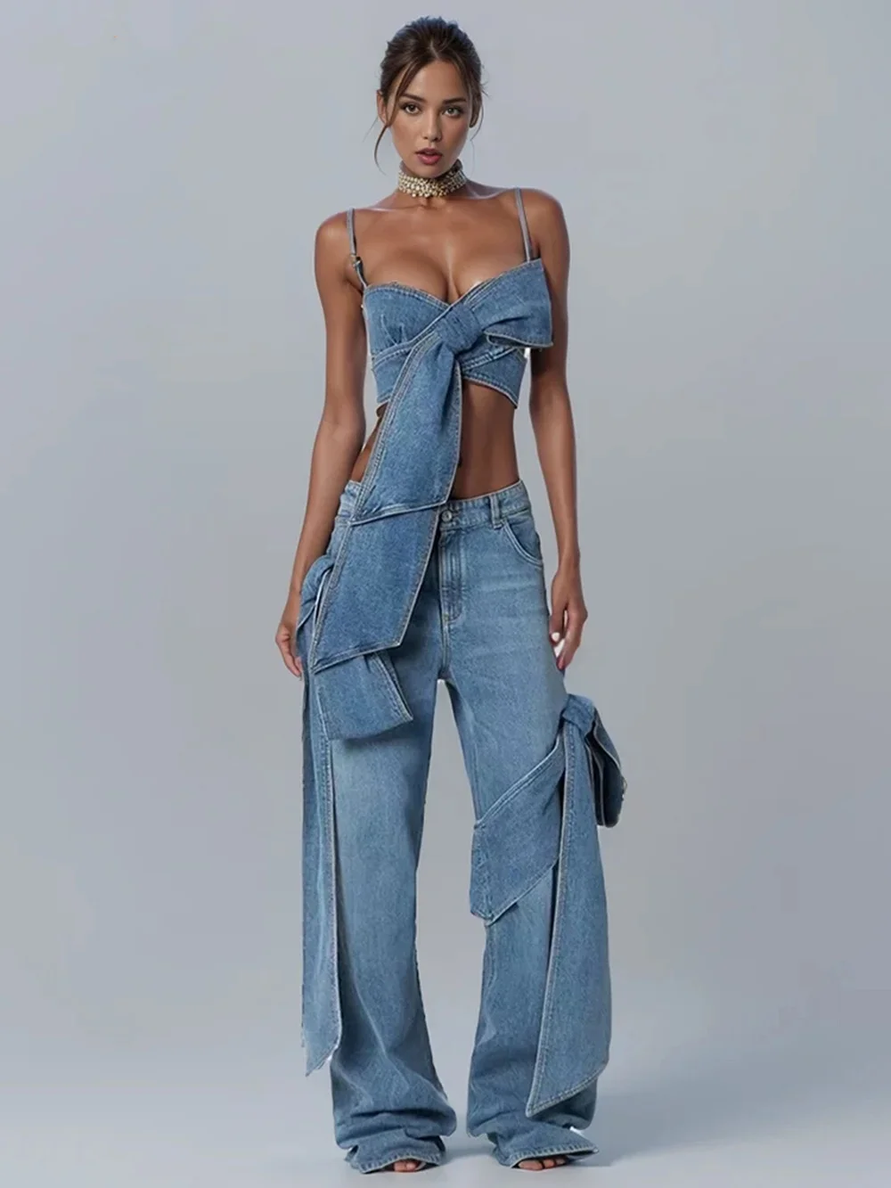 Fashion Sexy Women's Bows Cross Bandage Denim Crop Top Camis High Waist Wide Leg Straight Streetwear Jeans 2 Pieces Set 2024 New