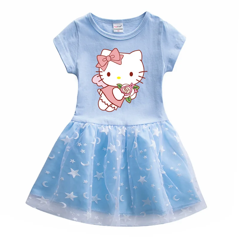 Sanrio 2024 Summer Girls Dress Cotton Cartoon Hello Kitty Splicing Party Princess Dresses For 3-8 Years Girls Birthday Clothes