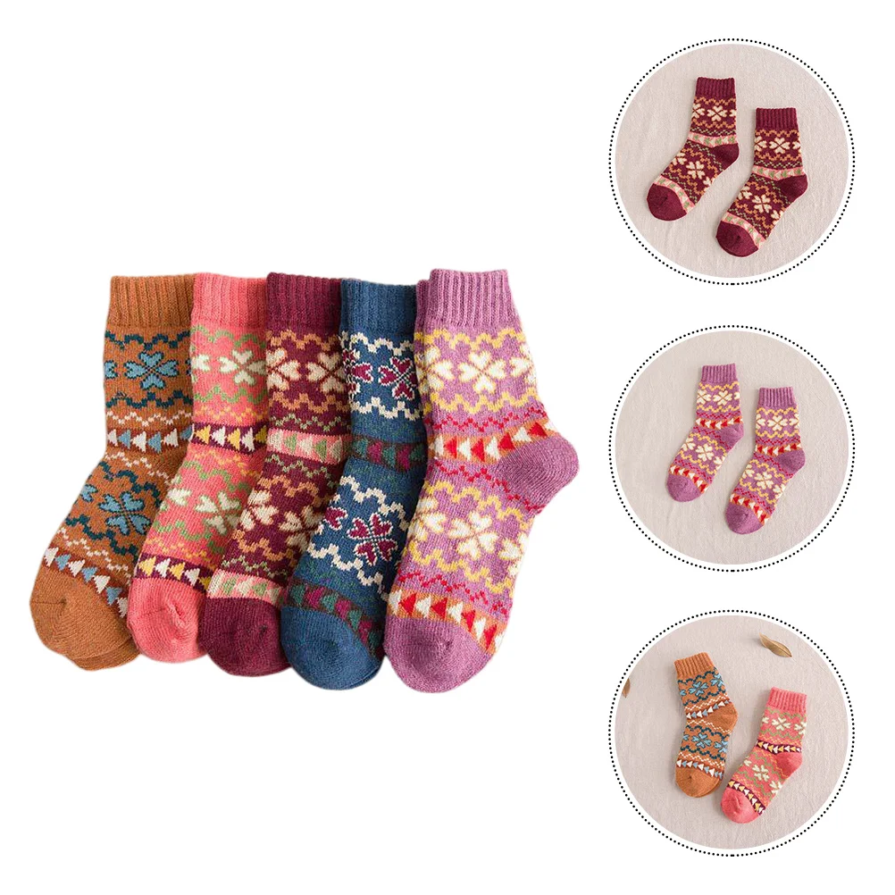 

5 Pairs Warm Socks Women Wool Mid-calf Thermal Crew Stockings Winter Vintage Soft Durable Breathing Elastic Longlasting Cold