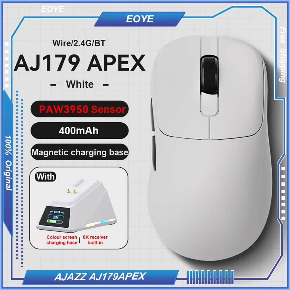 AJAZZ AJ179APEX Right-Handed Gaming Mouse PAW3950 8Khz 58g Lightweight Wireless Tri-Mode Ice Feel Coating with Docking Charger