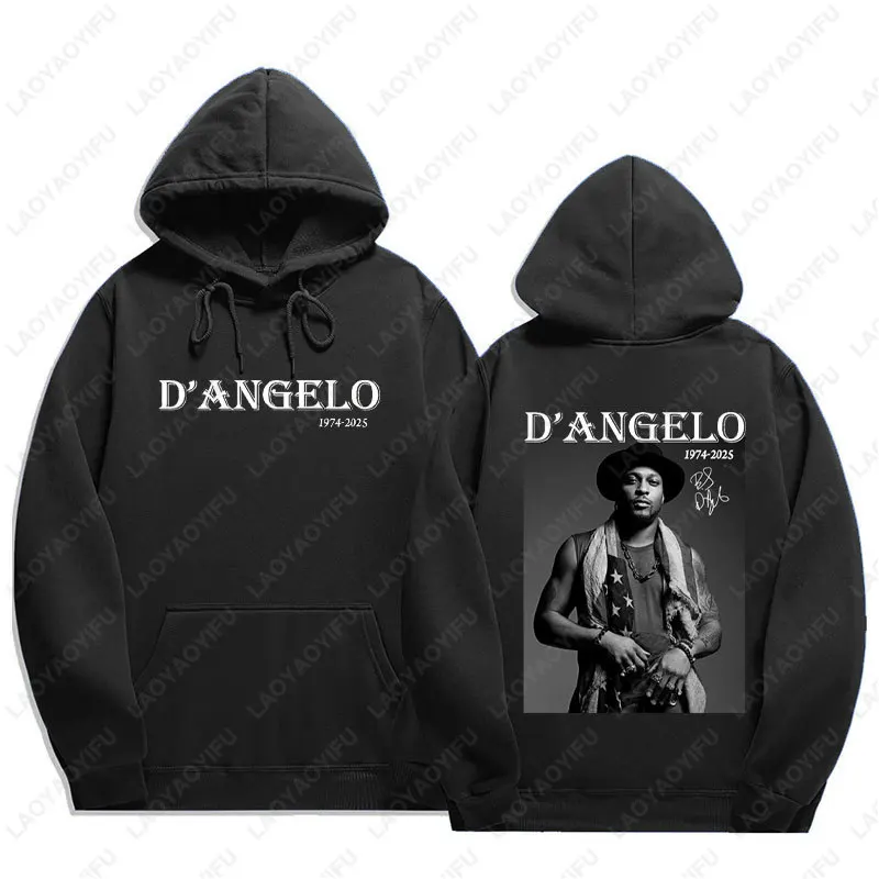 RIP D'Angelo 1974-2025 هوديي في ذاكرة الروح أسطورة D'Angelo البلوزات المطبوعة الرجال امرأة الخريف الشتاء قطرة الكتف هودي