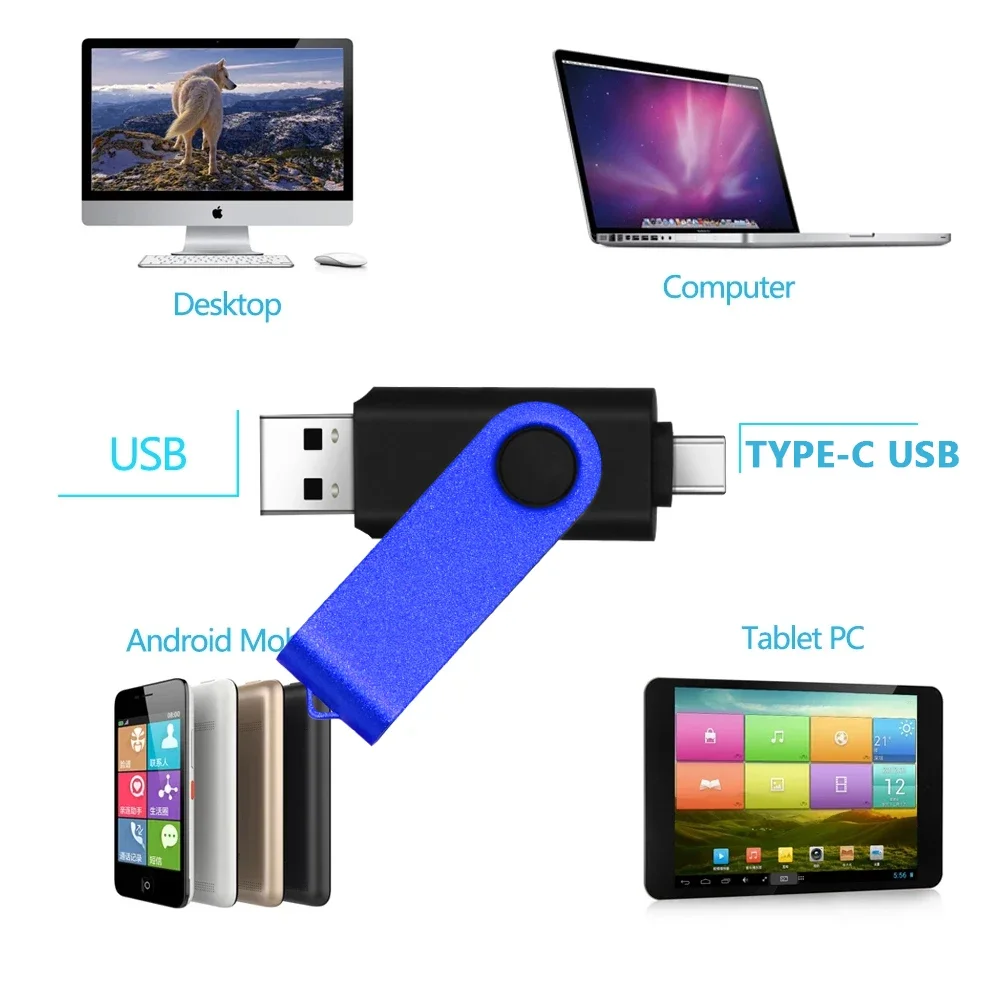 محرك أقراص فلاش USB من النوع C للهاتف المحمول ، عصا ذاكرة قابلة للدوران ، محرك أقراص قلم أخضر ، سعة حقيقية ، أزرق ، 32 جيجابايت ، 64 جيجابايت ، 2 في 1 #3