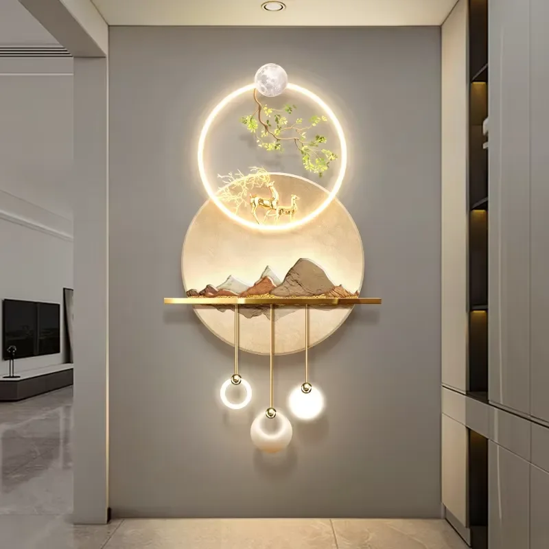 Arte de Parede LED 3D Requintada de Cervo 60*106CM, Esculpida em Porcelana e Cristal, Pinturas de Gênero Artístico, Estilo Art Déco, Natureza Morta, D