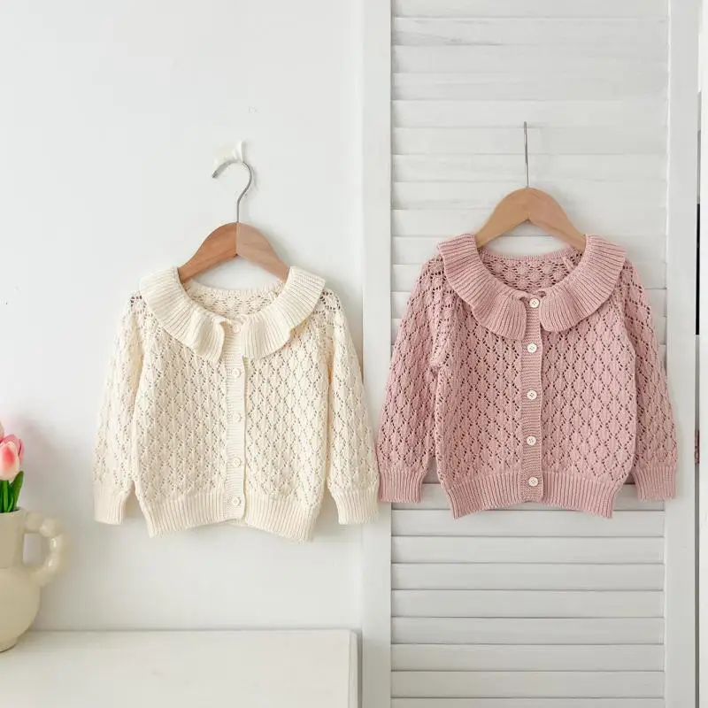 2026 Autumn New Baby Girl Long Sleeve Knitted Cardigan Girls Sweet Ruffle Collar Knitwear Infant Toddler Hollowed Out Sweater