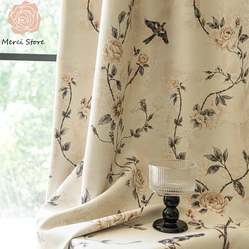 

Milk Apricot Vintage Chenille Luxury New Chinese Full Blackout Curtains for Bedroom Living Room Window Customized Ready Made