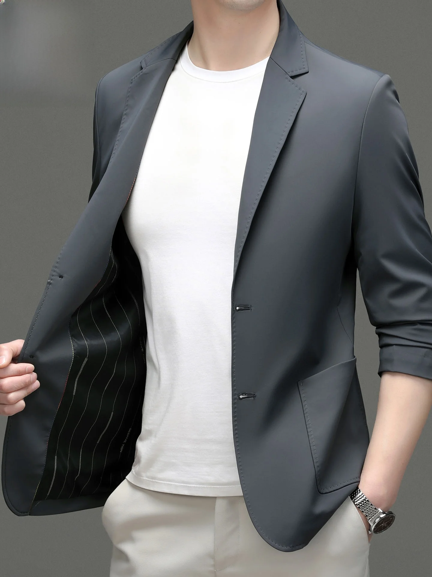 

Spring Thin Casual Men's Suit Jacket Non-iron Business Casual Style Standard Fit Long Sleeve round Hemline Two Button Closure