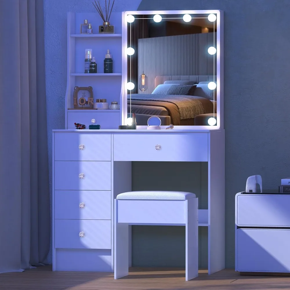 مكتب زينة للمكياج بمرآة مضيئة مع كرسي وأدراج تخزين #2