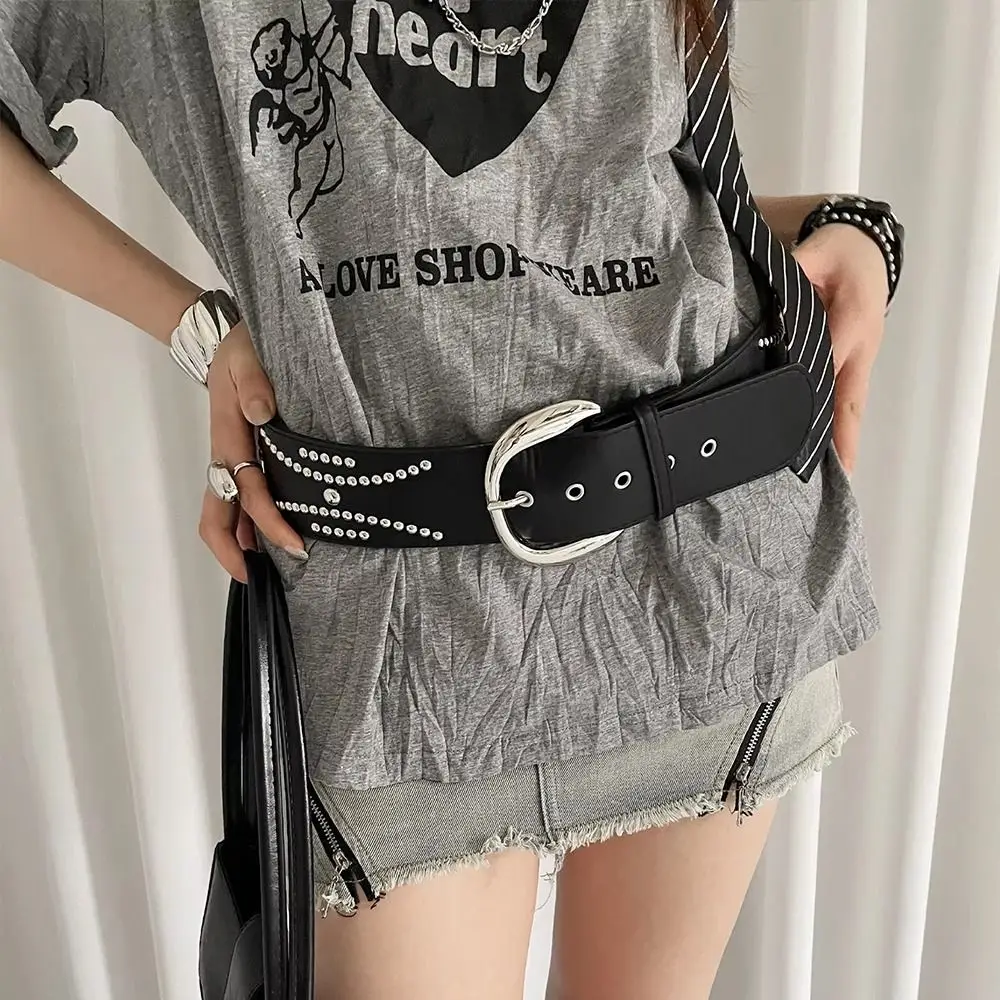 

Versatile Korean Women's Waist Belt Gothic Y2k Rivet Wide Belt Leather Punk Dress Jeans Belt Streetwear