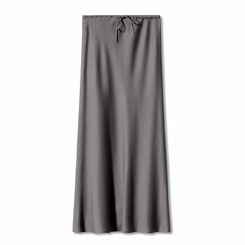 2026 Spring Summer Solid Color Satin Long Skirt For Women High Waist Lace-Up Fashion Elegant Faldas Light Luxury Women's Skirt