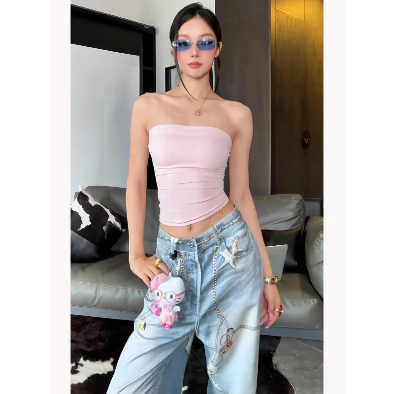 Retro Sexy Girl Pink Strapless Crop Top Women's Ultra Elastic Tightening Belly Button Exposure Vest Summer Casual Style