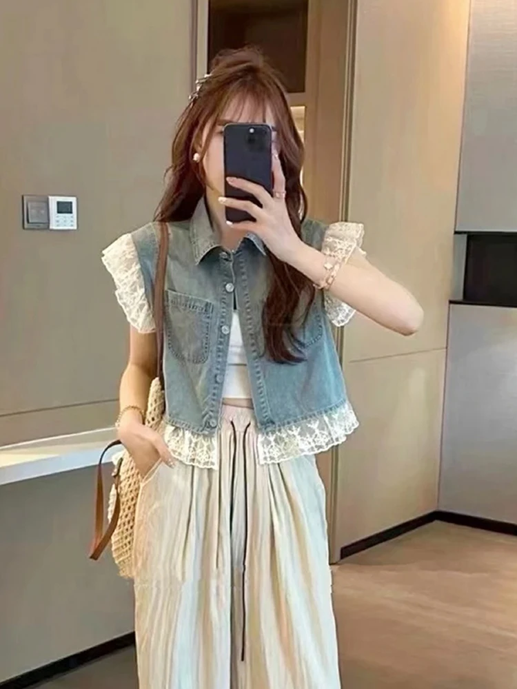 

Retro Distred Denim ort Jaet with Lace Patchwork And Collar for Women Summer 2026 New Sle Small Sve Design
