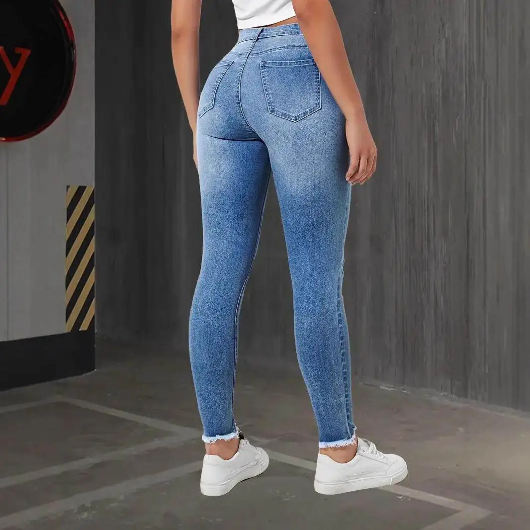 Fashionable Elastic Slim Fit Ladies Jeans Hole Design Long Pants Women's Stretchy Slimming Capri Length Autumn Season Style view 5