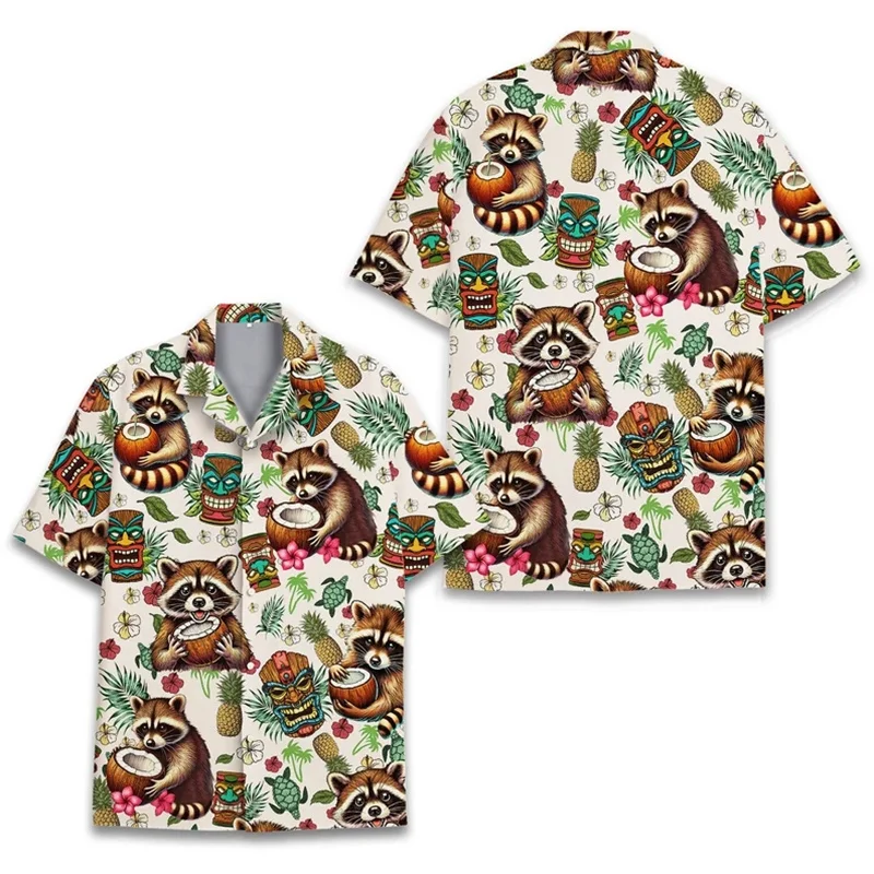 

Polynesian Tiki Loose Breathable Men's Short Sleeved 3d Print Cute Raccoon Hawaii Shirts Beach Party Tops Women Kid Tops Camisas