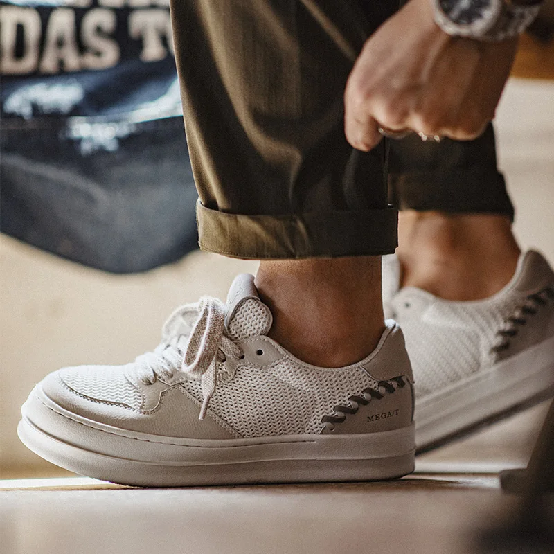 Maden Patchwork Summer Mesh Breathable White Sneakers Men Chunky Sole Low-Top Casual Shoes Lace-Up Round Toe Street Board Shoes