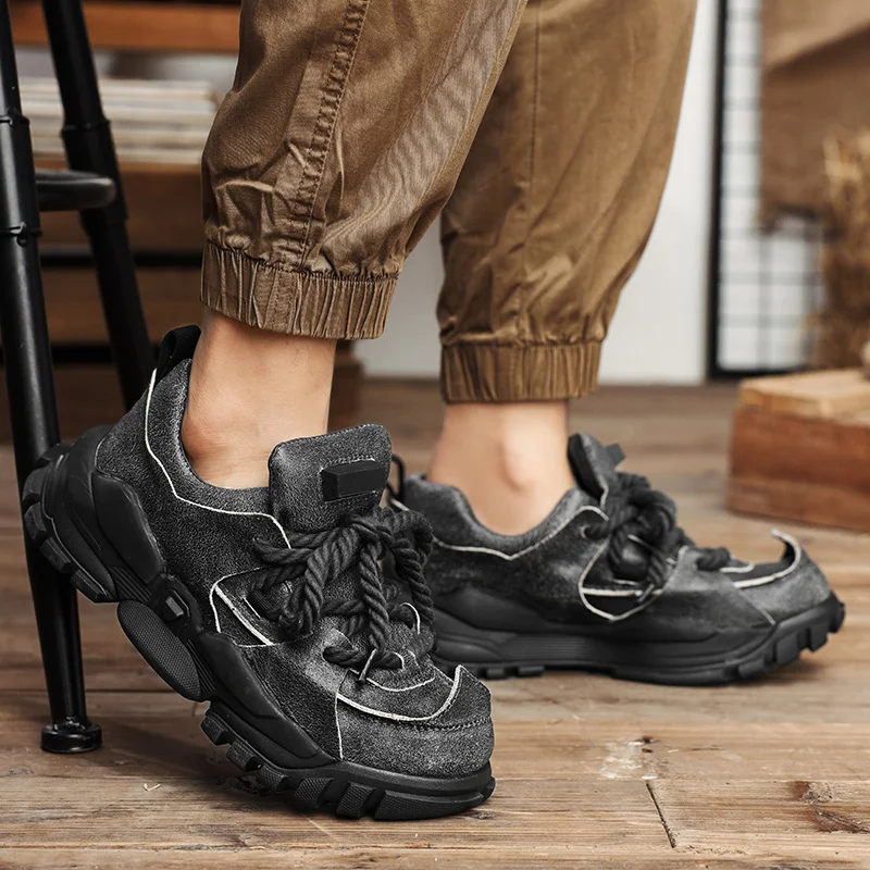 New Genuine Leather Platform Ankle Motorcycle Boots Casual Chunky Sneakers Wedge Autumn Fashion Comfy Shoes Men Loafers Non-slip