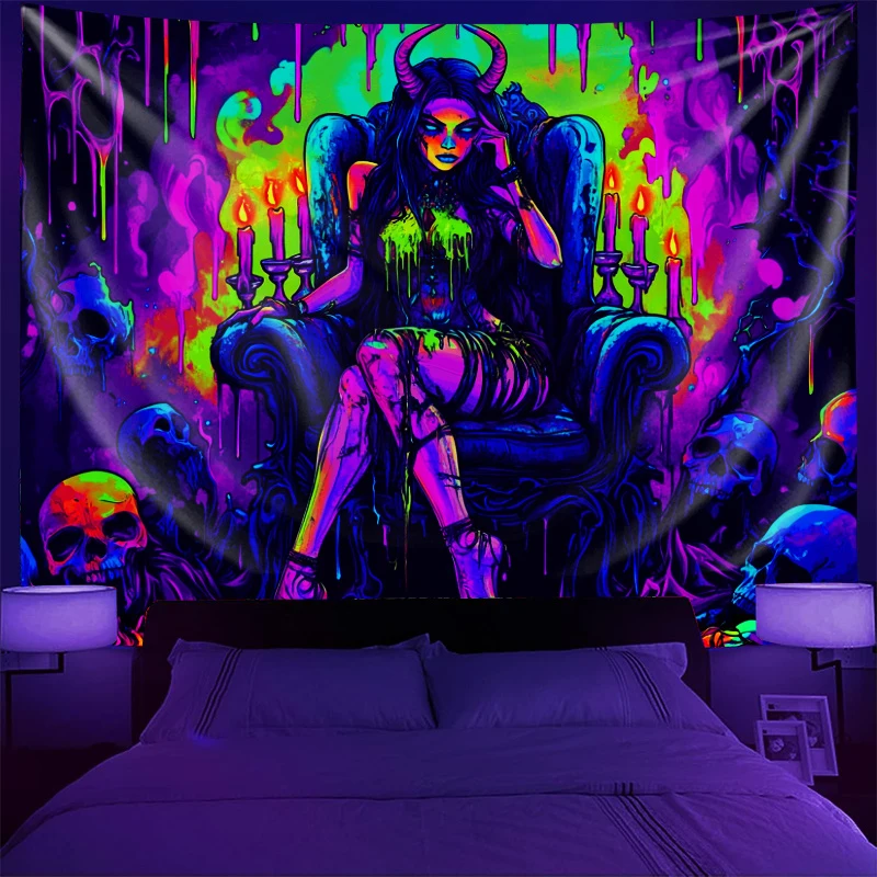 VIKAMA Cyberpunk Skull Candle Tapestry, Neon Goth Girl Wall Hanging for Bedroom Dorm E-sports Room Decor