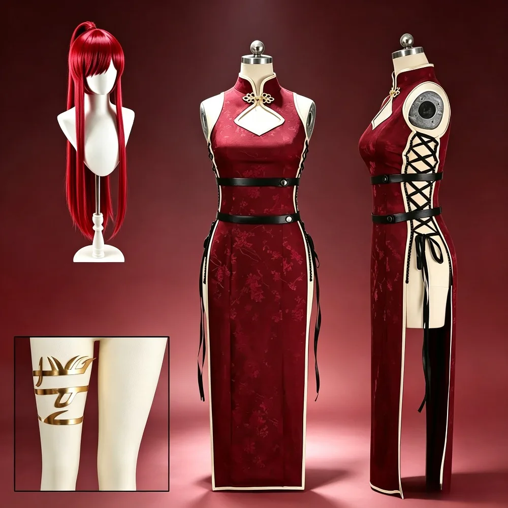 Fairy Tail Erza Scarlet Cosplay-Kostüm, rotes Cheongsam-Komplettset mit Zubehör, Anime, weiblich, Halloween, Comic Con, Rollenspiel