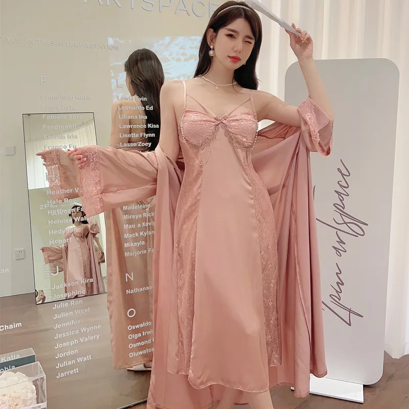 Lace Nighty&Robe Set Kimono Bathrobe Gown Sleep Suit Women Sleepwear Nightwear Loungewear Spring Summer Satin Home Dress