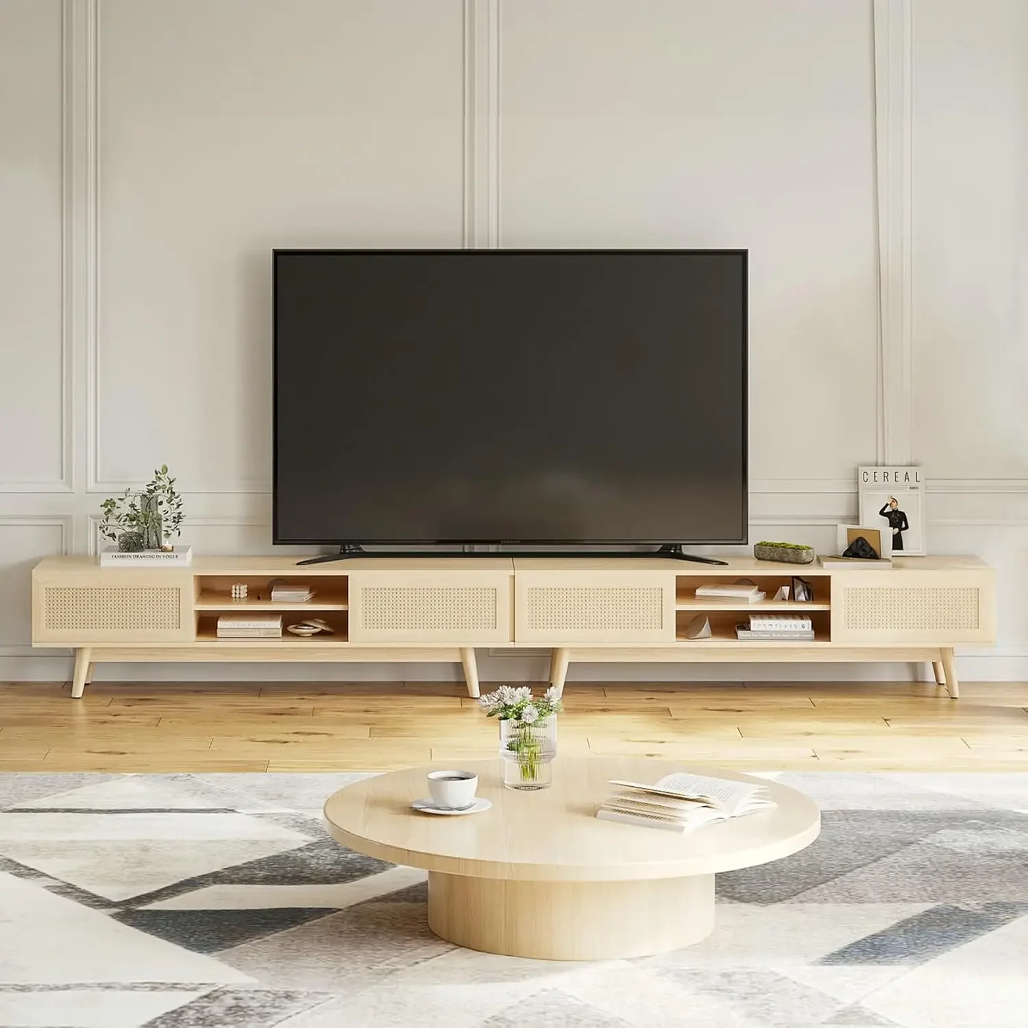 Soohow soporte de TV de ratán de 65 pulgadas con almacenamiento, soporte de TV medio moderno para sala de estar, consola multimedia Boho, centro de entretenimiento