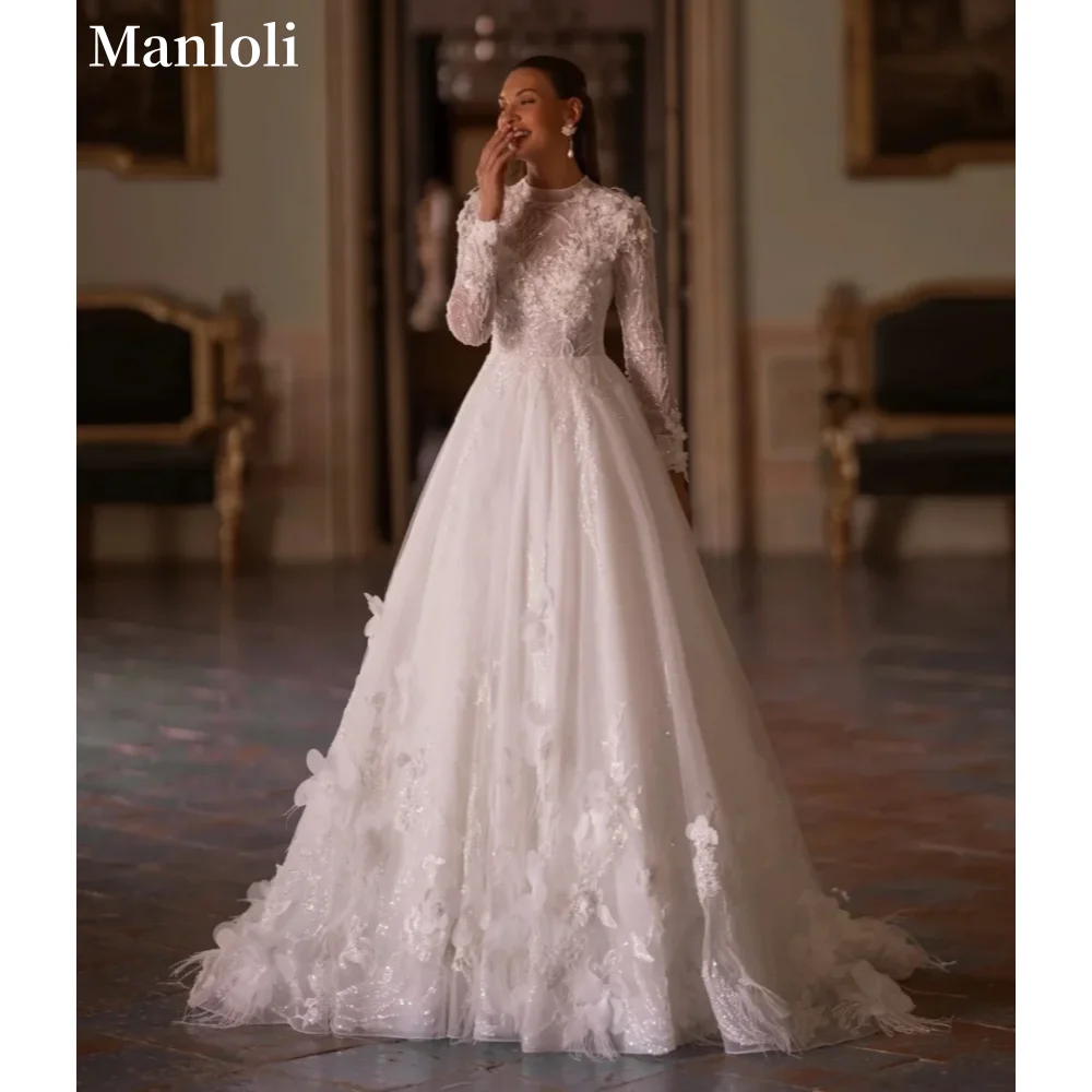 

Свадебное платье с высоким воротником и длинными рукавами по индивидуальному заказу, блестящее украшение из бисера, свадебное платье с 3D наклейкой, свадебное бальное платье, халат