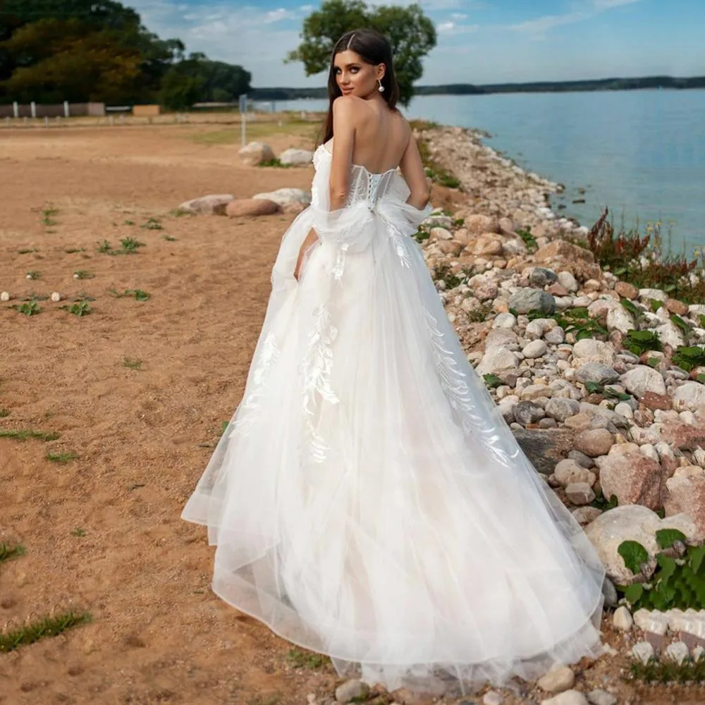 Off Shoulder Tulle Lace Appliques Wedding Dresses Beading Lace-up Backless Bride Gown Sweep Train vestidos de novia 2022