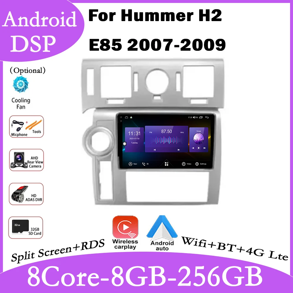 

9-дюймовый для Hummer H2 E85 2007-2009 Android 14, сенсорный экран, автомобильный мультимедийный плеер, видео, GPS-навигация, Carplay, авто стерео