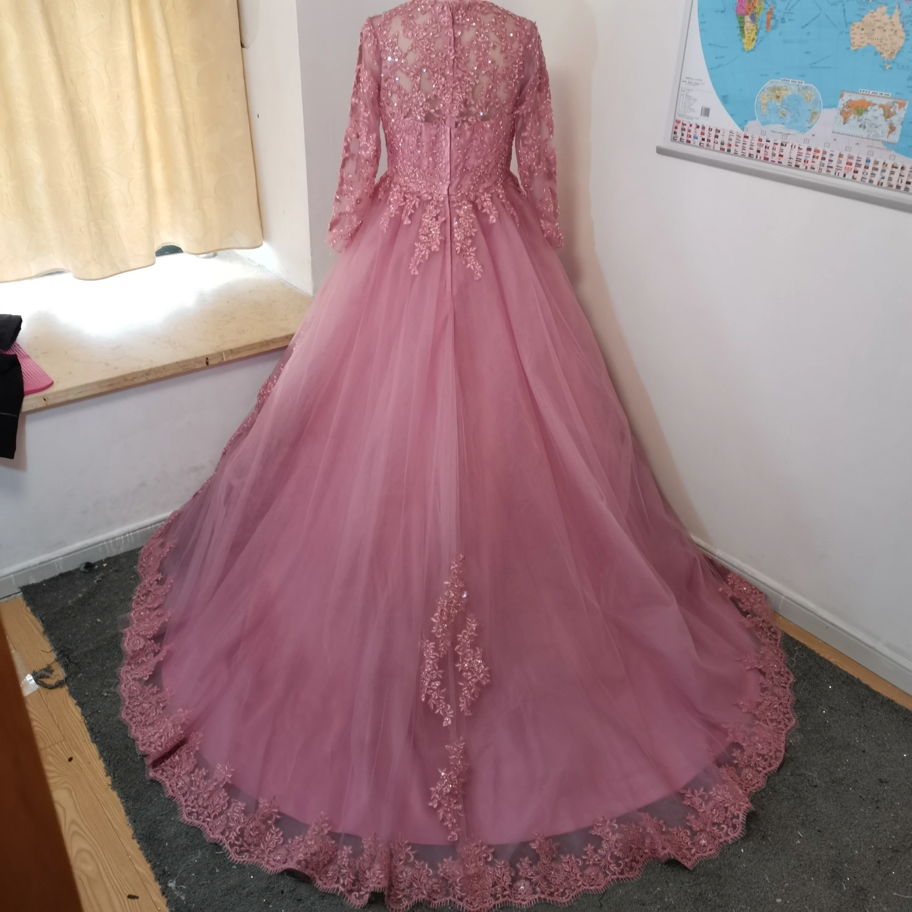 Rosa vestidos de noite 2022 mangas compridas o pescoço rendas frisado cristal saudita árabe feminino vestido formal vestido de noite robe de soiree