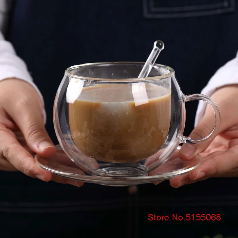 Double Wall Glass Transparent Scented Tea Cups And Saucers  Anti Scald Vacuum Cappuccino Latte Coffee Mug With Spoon Gift BOX