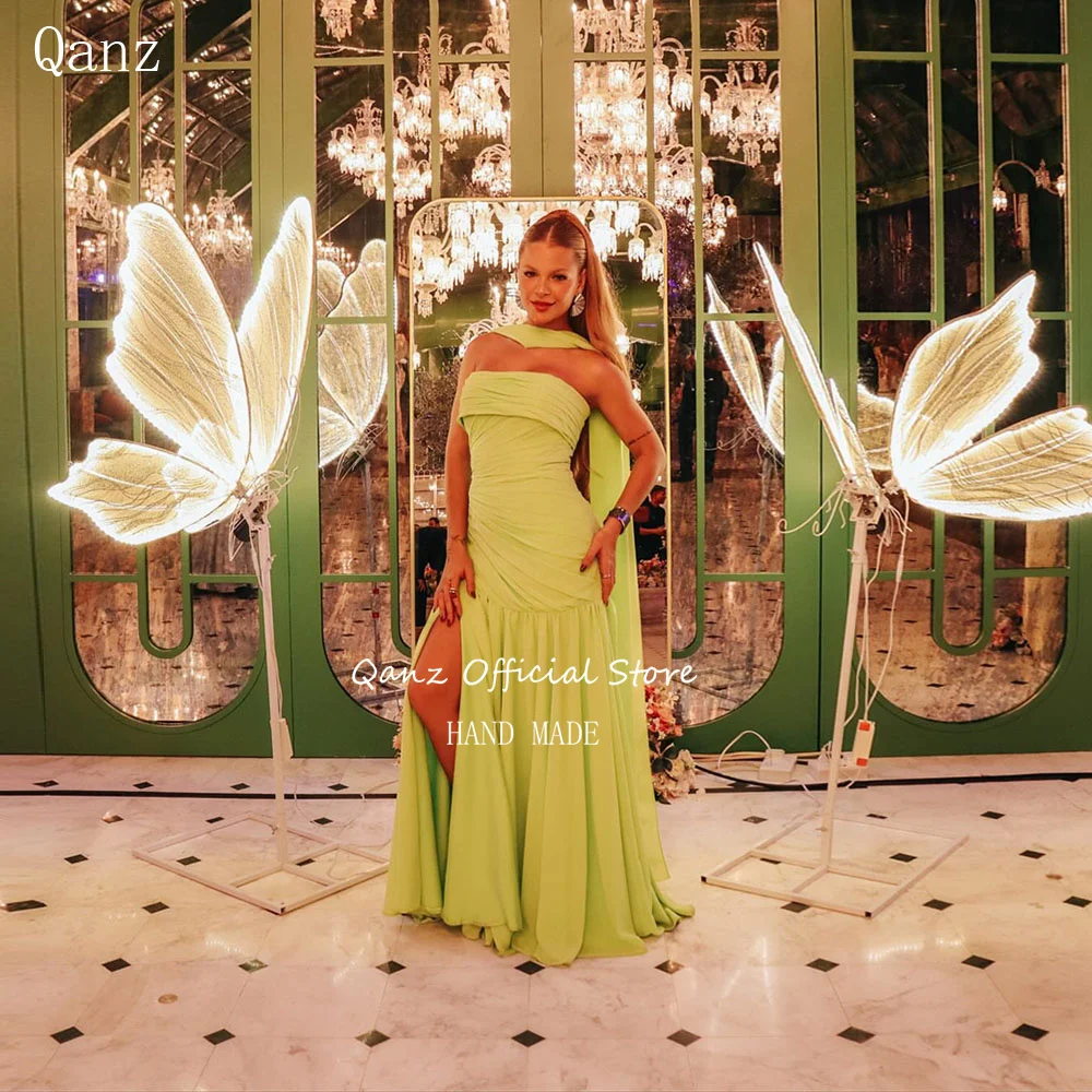 

Qanz Strapless Chiffon Prom Dresses High Side Slit Wedding Party Gowns Lime Green Elegant Women Evening Dresses Customized
