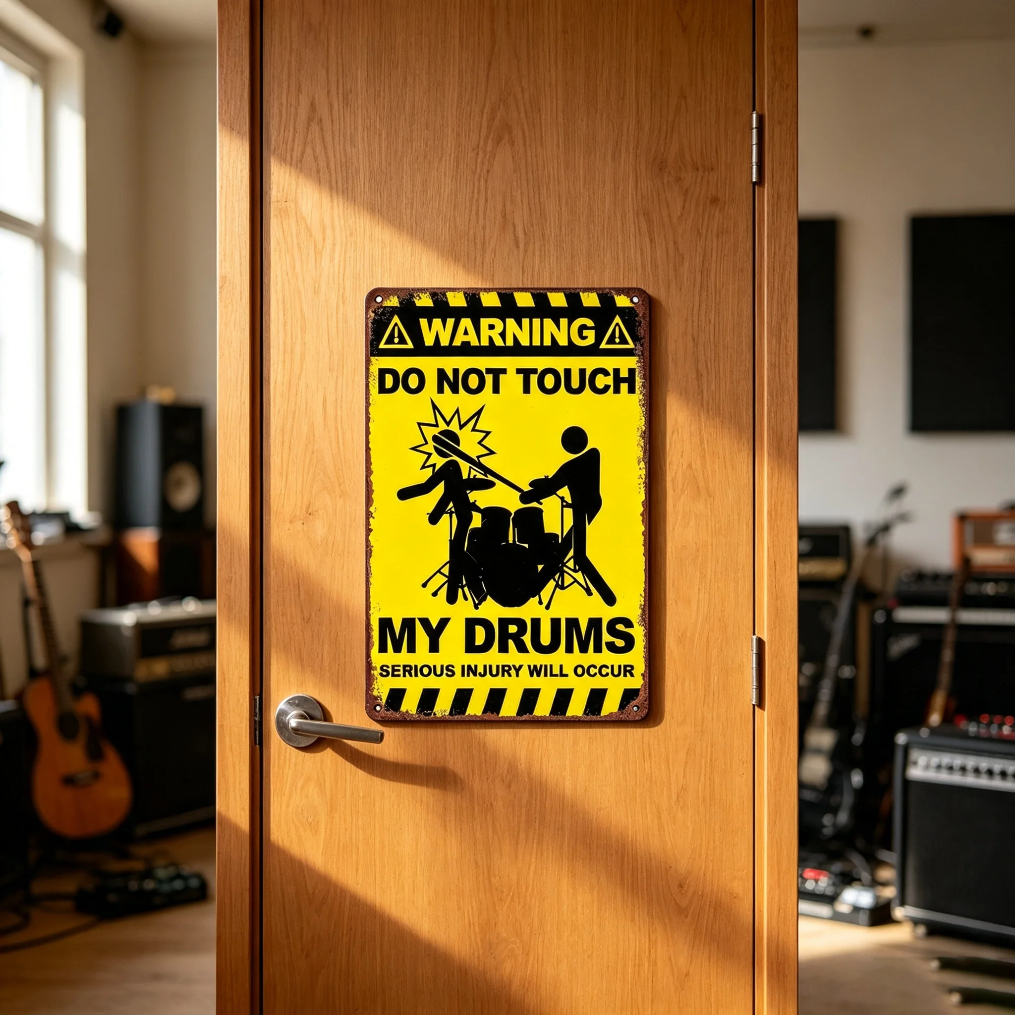 Vintage Aluminium Funny Drum Warning Tin Sign, Yellow Black Hazard Strip Wall Decor for Music Studio & Band Room Home