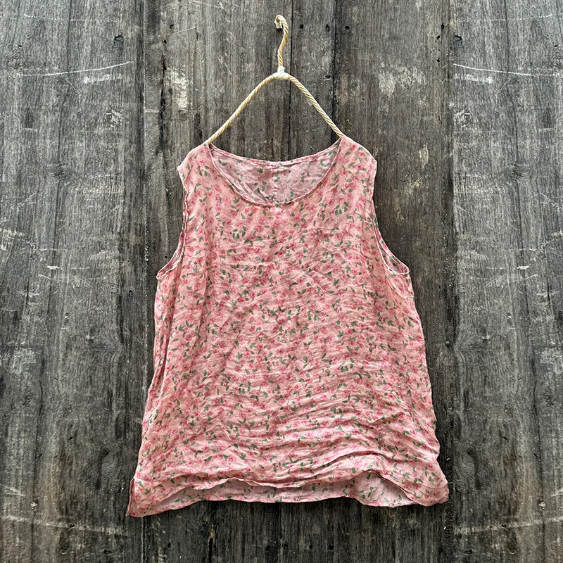 

Женские летние тонкие майки из 100% рами, новинка 2025, женская винтажная футболка с цветочным принтом, женская свободная футболка без рукавов, большие размеры, Ropa Mujer
