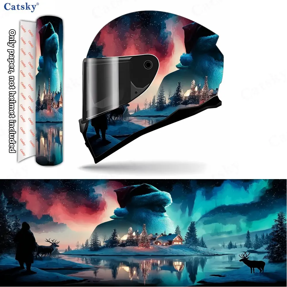 

Blue-toned Santa & Aurora Snowfield Helmet Vinyl Wraps, Waterproof Scratch-Resistant Full Face Helmet Decals, Durable PVC Decora