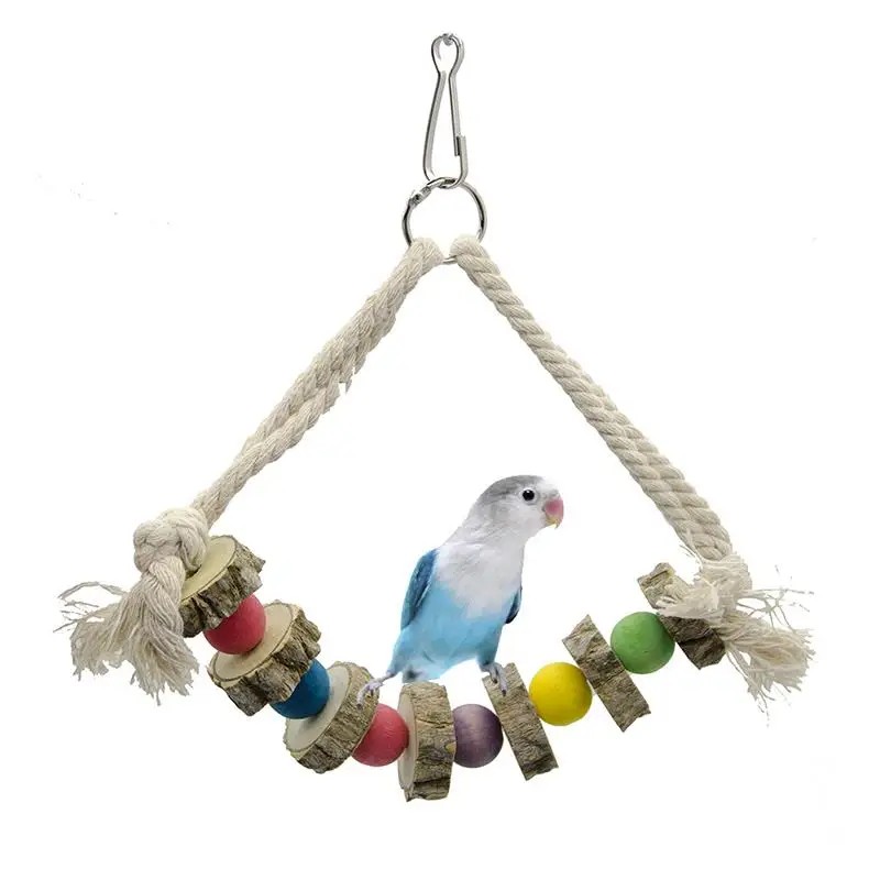 Wooden Bird Swing Toy Cotton Rope Parrot Chew Toy Bead Design Parakeet Perch Bird Cage Hanging Toy Pet Stand Bird Accessories