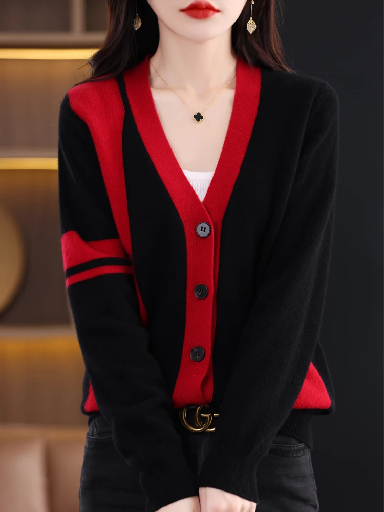 ADDONEE Women V-neck Cardigan Autumn Winter Cashmere Sweater Multicolor Basic Clothing 100% Merino Wool Knitwear Korean Style