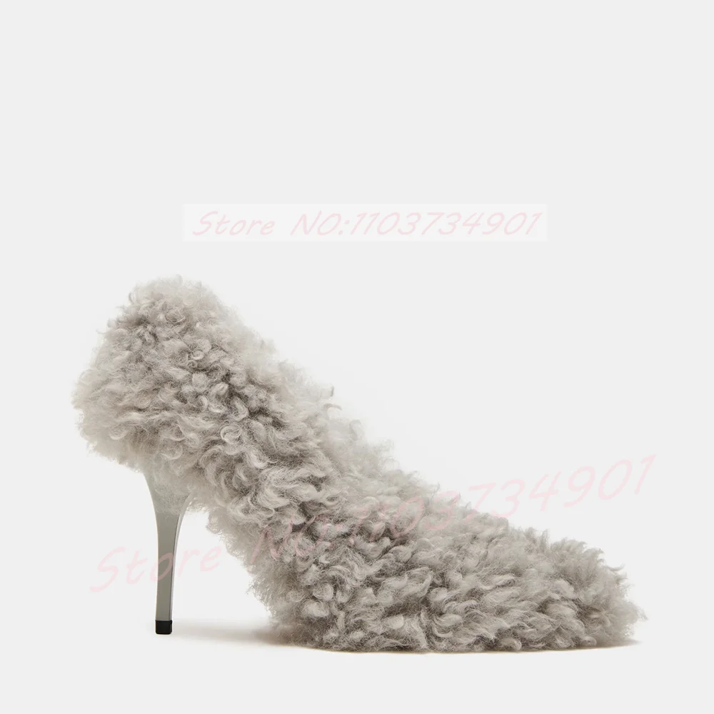 Wool Furry Pointed Toe Pumps Women Beige Faux Fur Stiletto Heel Pumps Winter Warm High Heels Shoes