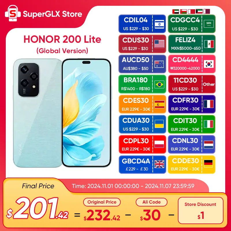 

2024 Global Version HONOR 200 Lite 256GB ROM 5G Smartphone Mediatek Dimensity 6080 6.7'' 90Hz AMOLED Display 108MP Main Camera