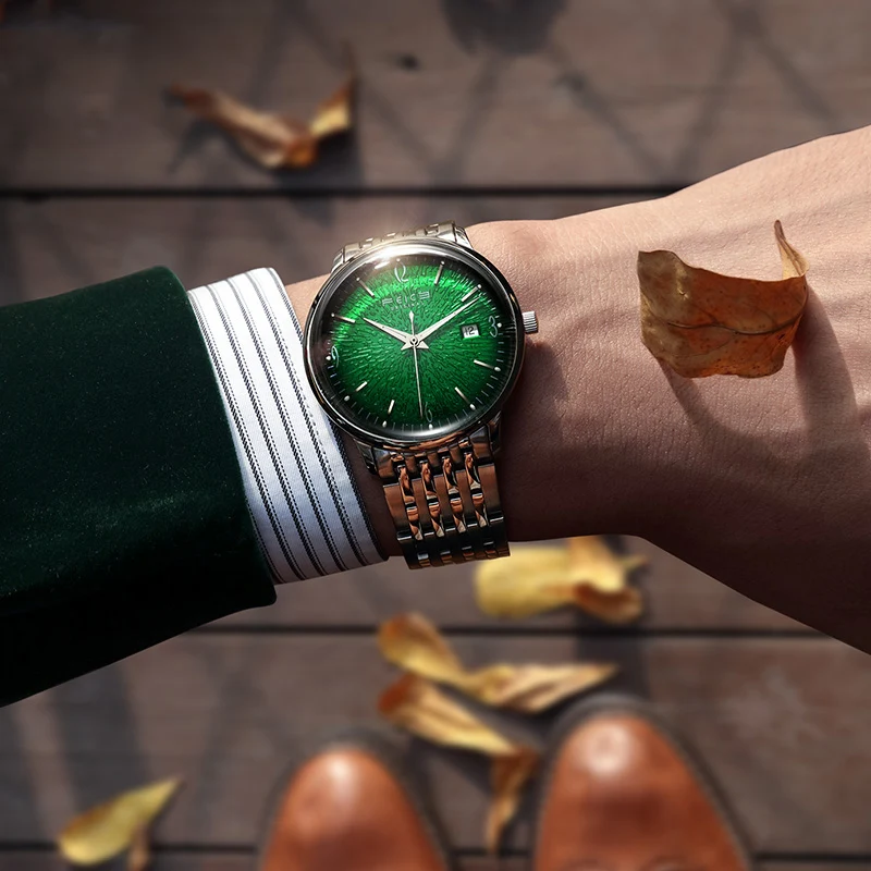 FEICE Luxury Mechanical Watch Ultra Thin Skeleton Watches for Men Waterproof Business Automatic Watch Retro Green Dial FM221REW