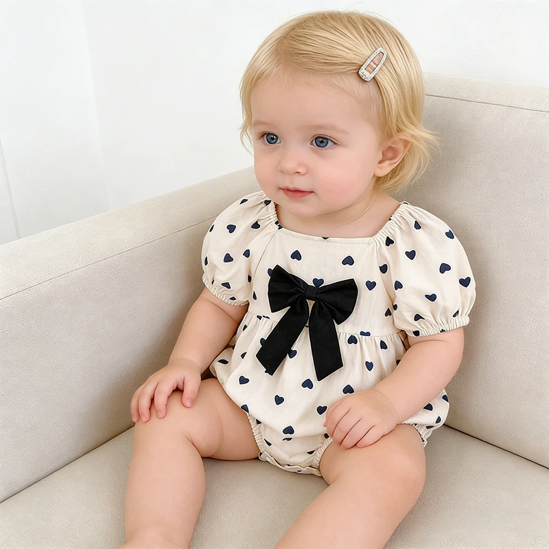 

Летний комбинезон для девочек 2026 года с бантом, хлопковый, с коротким рукавом, 0-24 месяца, цельный, с квадратным вырезом в форме сердца, боди для девочек