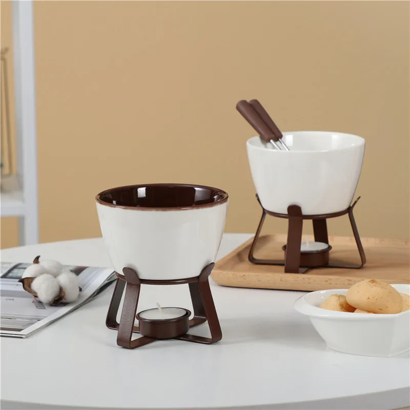Chocolate Fondue Set with Forks - Ceramic Melting Pot for Chocolate Cheese Butter Tealight Fondue Pot for Parties And Gatherings
