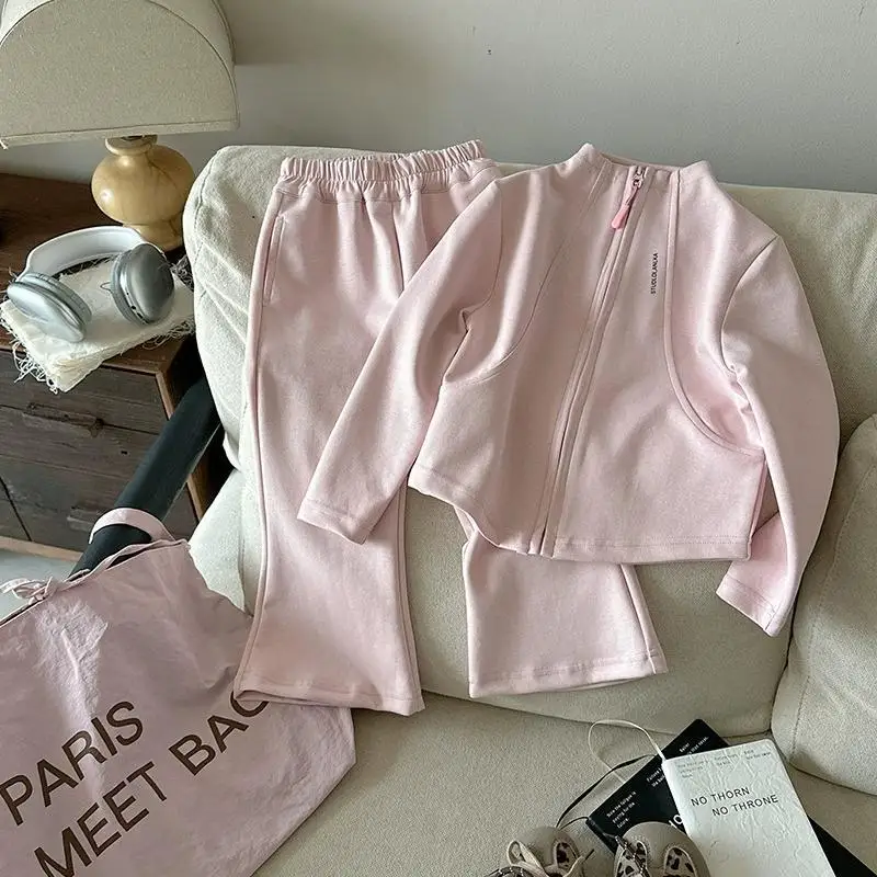 2026 Neue Mode Baby Mädchen 2-teiliges Sportoutfit Einfarbige Reißverschlussjacke Oberteil Schlaghose Anzug für Frühling Herbst Kinder – Detail 7